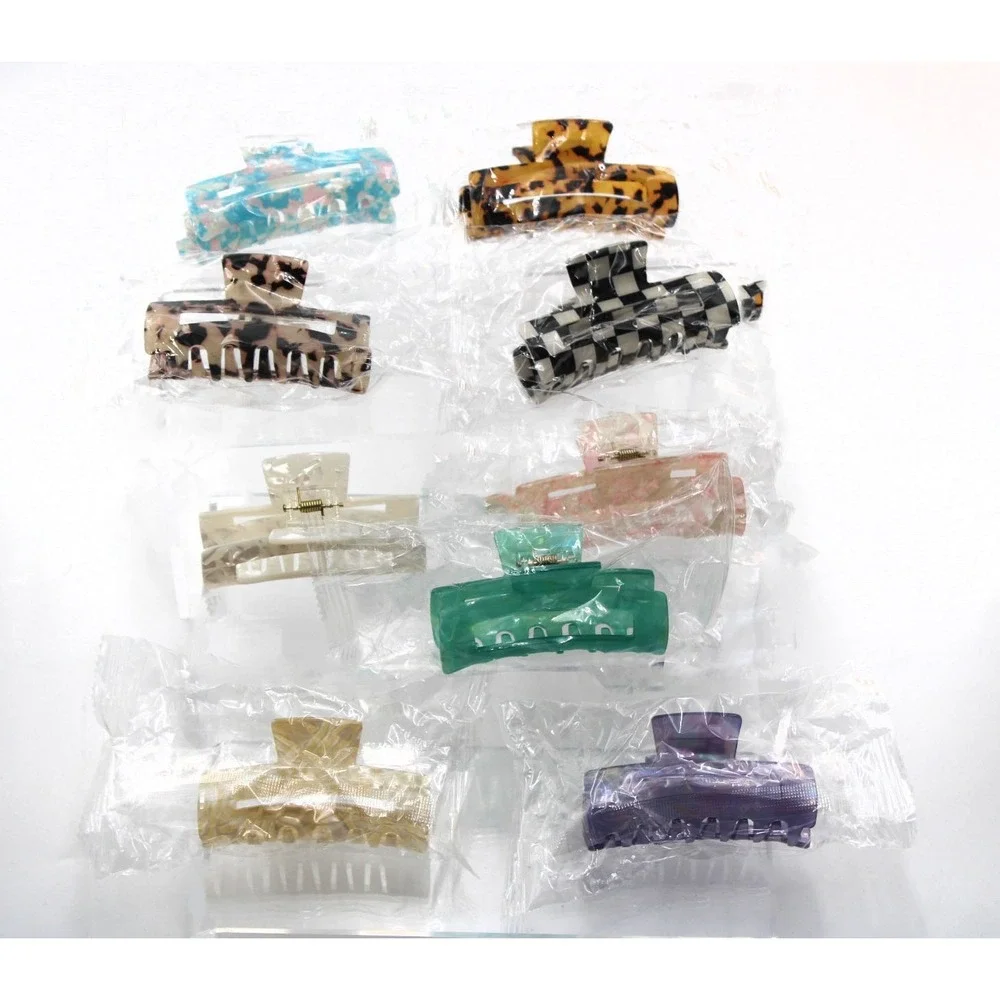 Assorted 9 Piece Hair Claw Clip Lot Rectangular Tortoise Checkered Marble 3in